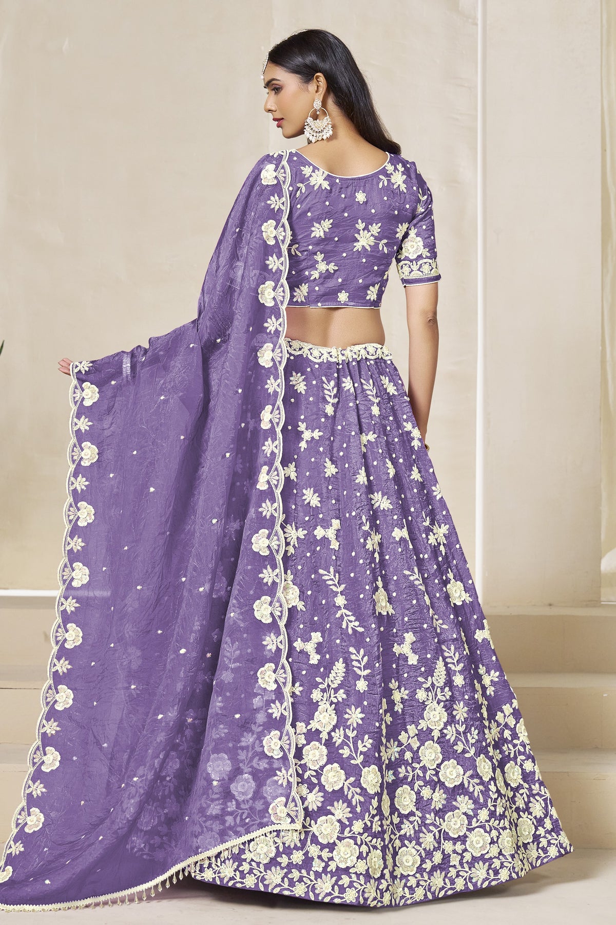 Purple Gray Crushed Organza Lehenga Choli for Wedding with Thread & Sequin Embroidery