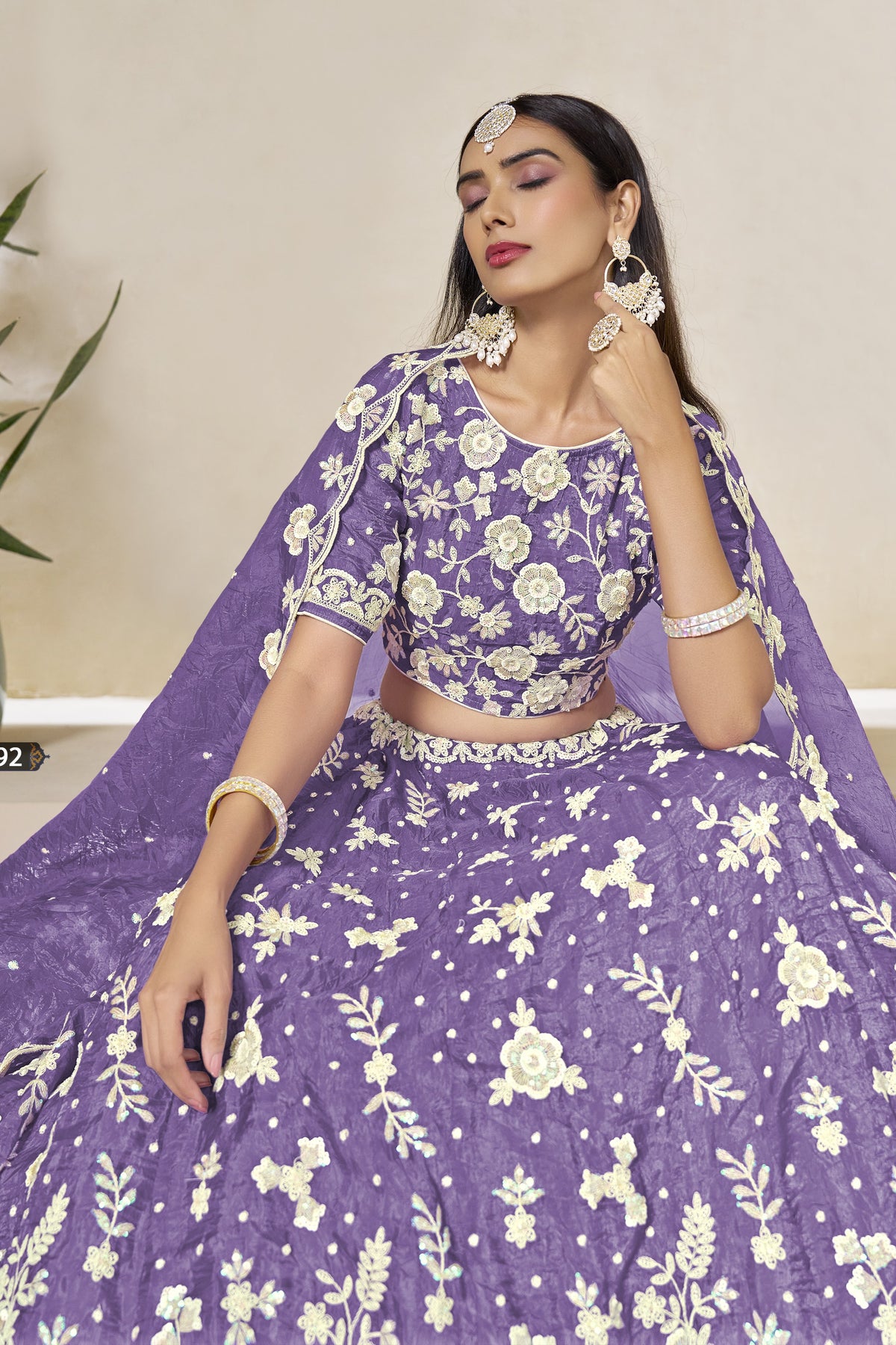 Purple Gray Crushed Organza Lehenga Choli for Wedding with Thread & Sequin Embroidery