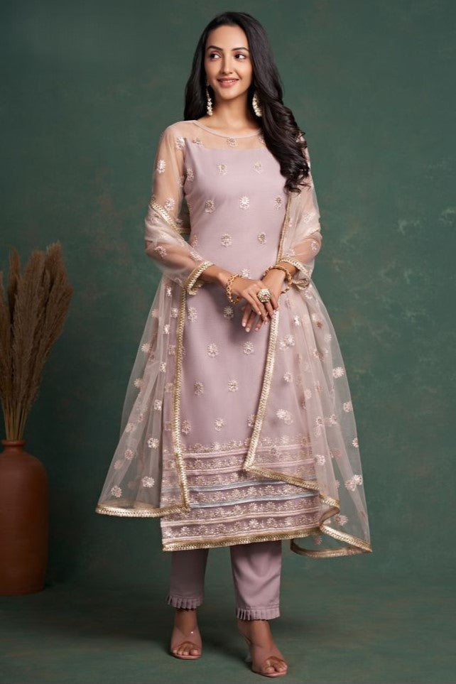 Purple Net Indian Ethnic Wear Kameez with Pant