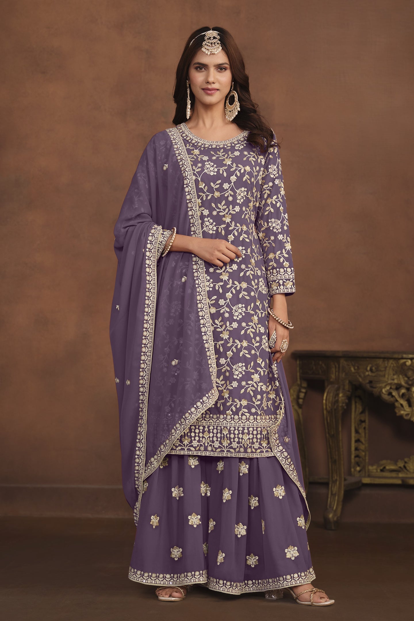 Purple Georgette Sharara Suit for Women with Thread and Sequins Embroidery