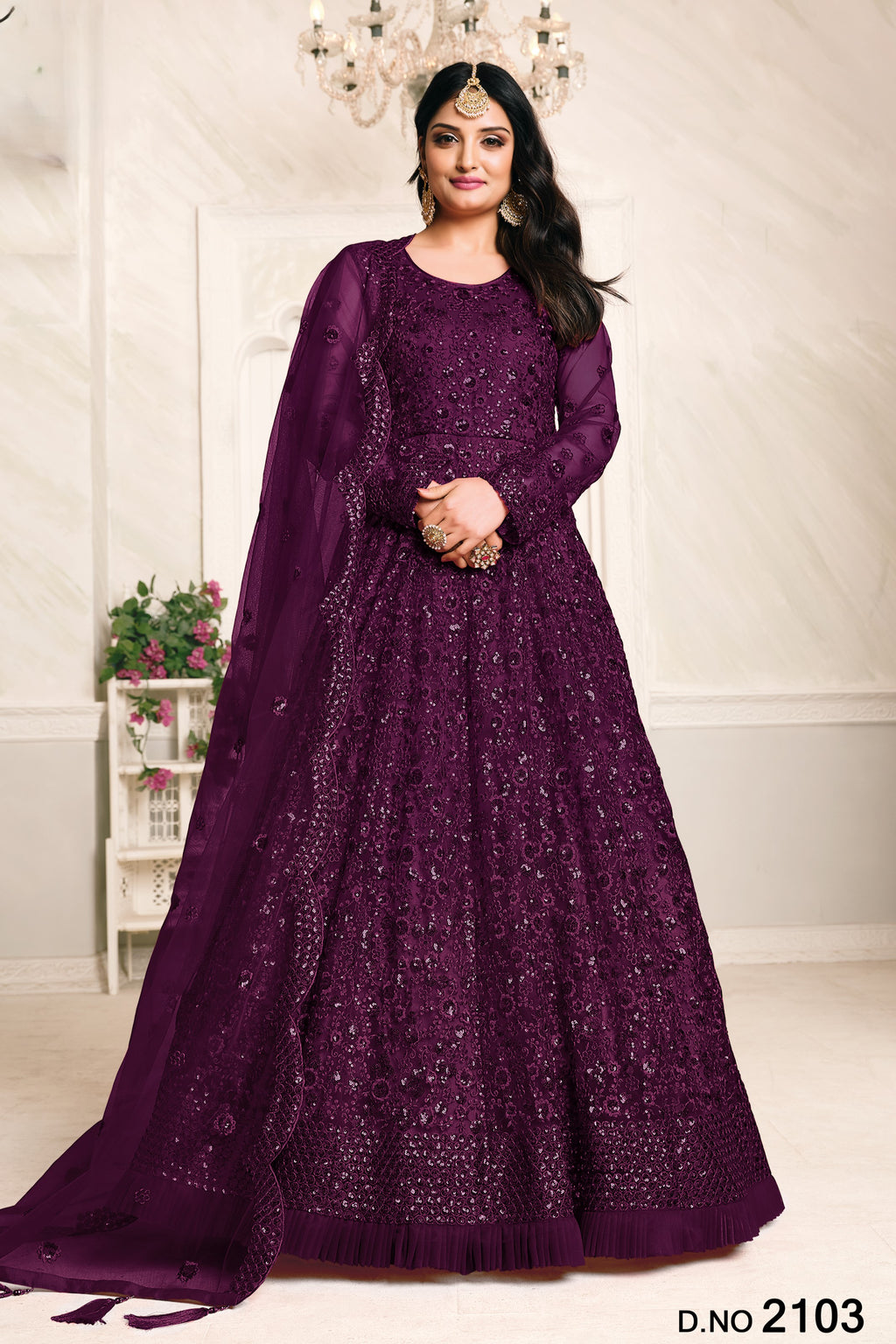 Purple Net Anarkali Outfits for Mehndi with Sequins and Thread Work