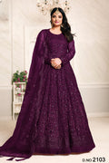 Purple Net Anarkali Outfits for Mehndi with Sequins and Thread Work