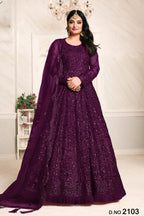 Purple Net Anarkali Outfits for Mehndi with Sequins and Thread Work