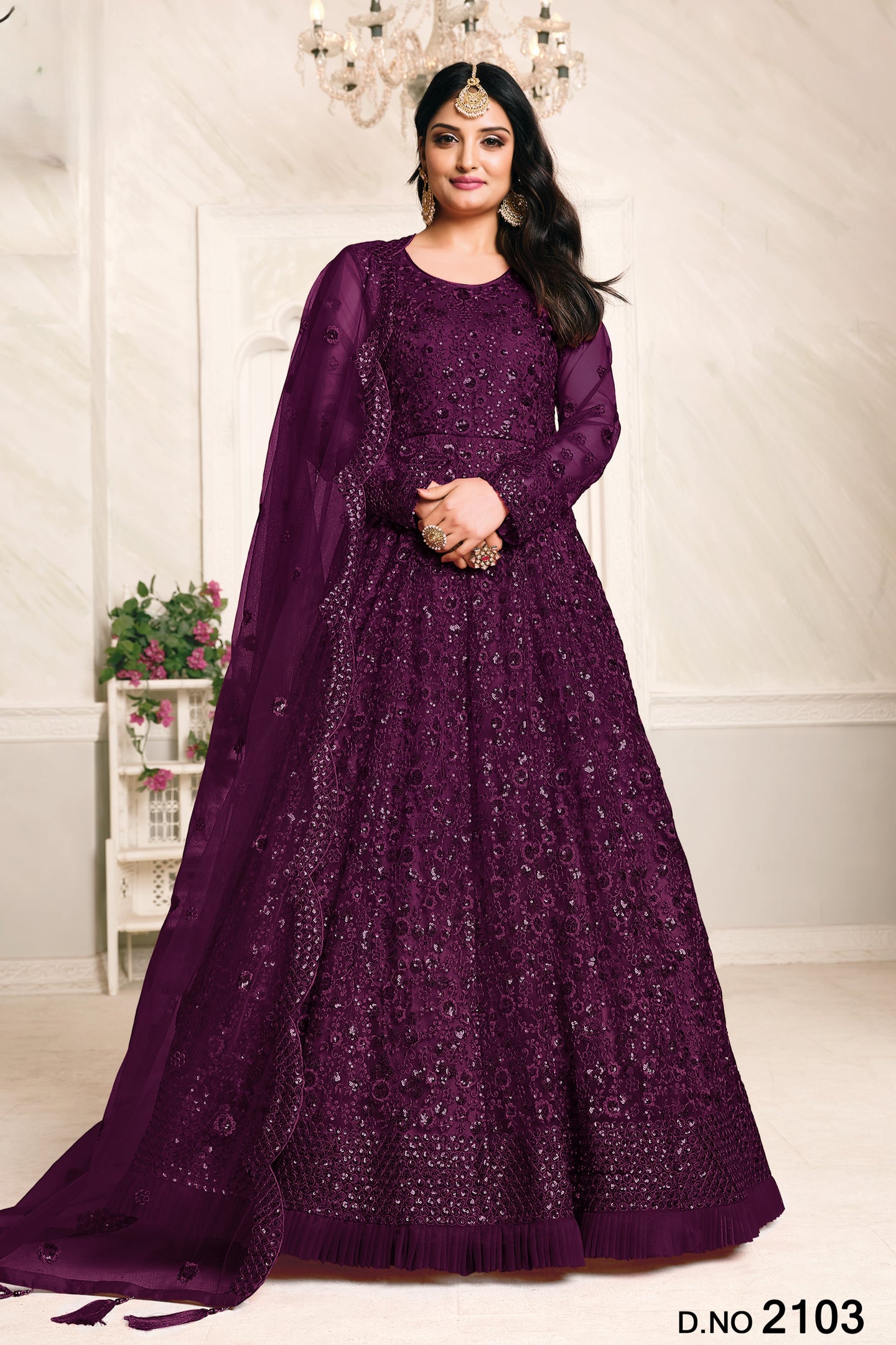 Purple Net Anarkali Outfits for Mehndi with Sequins and Thread Work