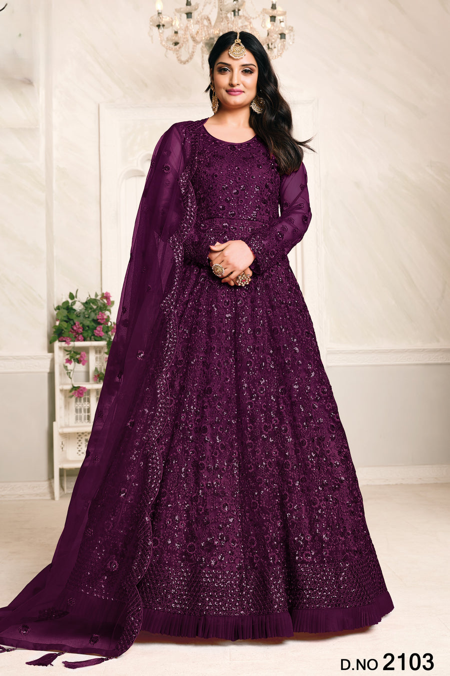 Purple Net Anarkali Outfits for Mehndi with Sequins and Thread Work