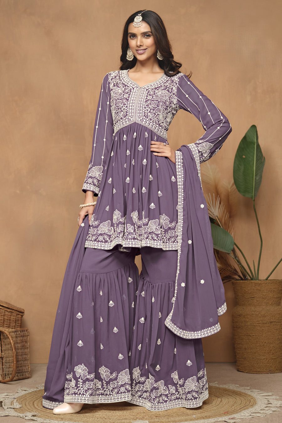 Purple Georgette Light Sharara Suit with Thread Embroidery