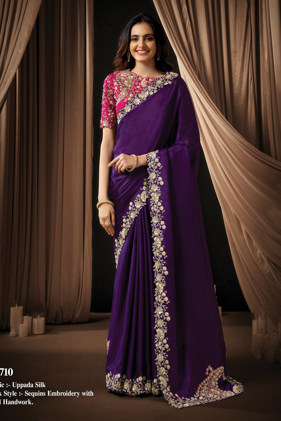 Purple Uppada Silk Saree for Wedding Guest with Sequins and Pearl Work