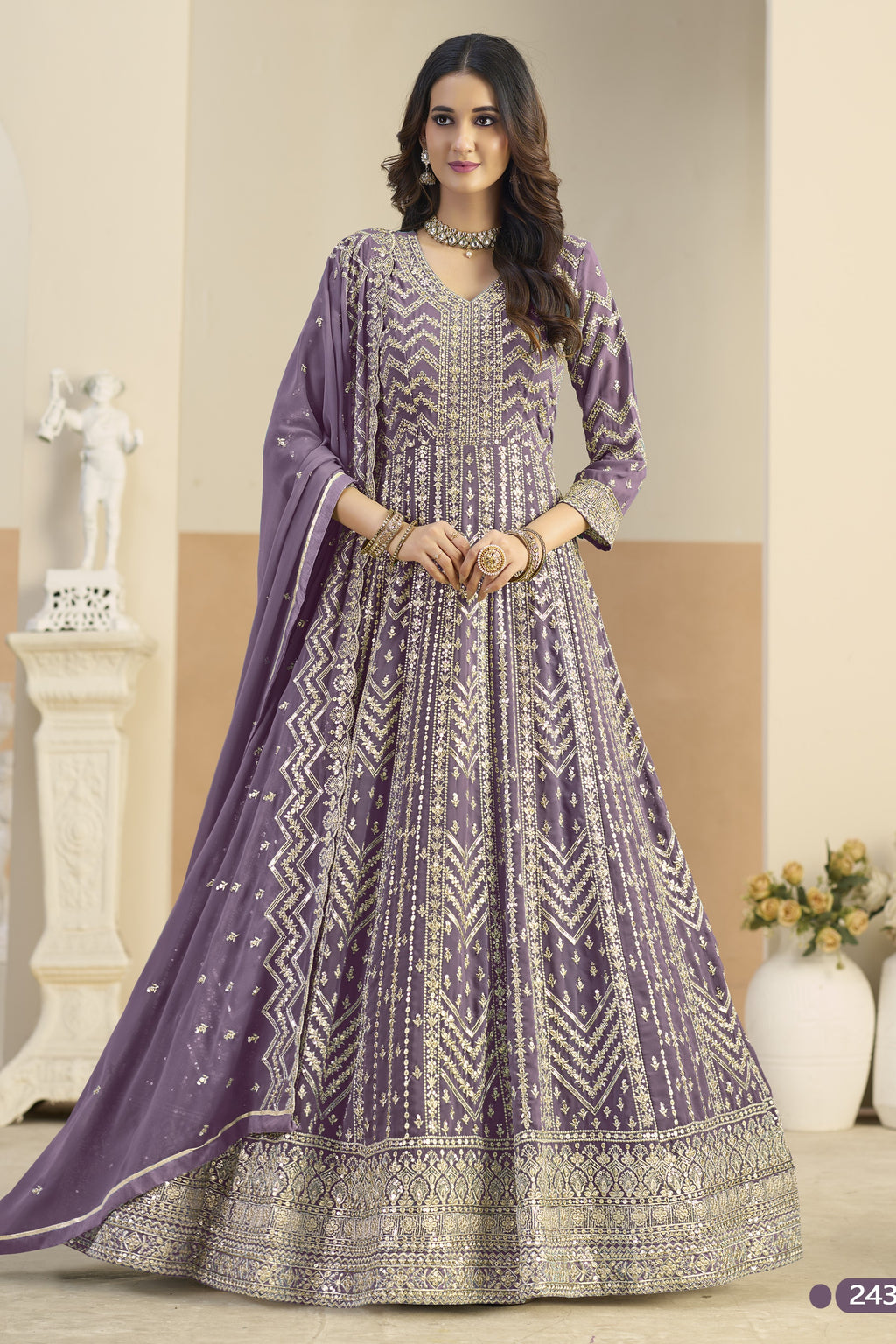 Purple Georgette Anarkali Dress for Wedding with Embroidery Work