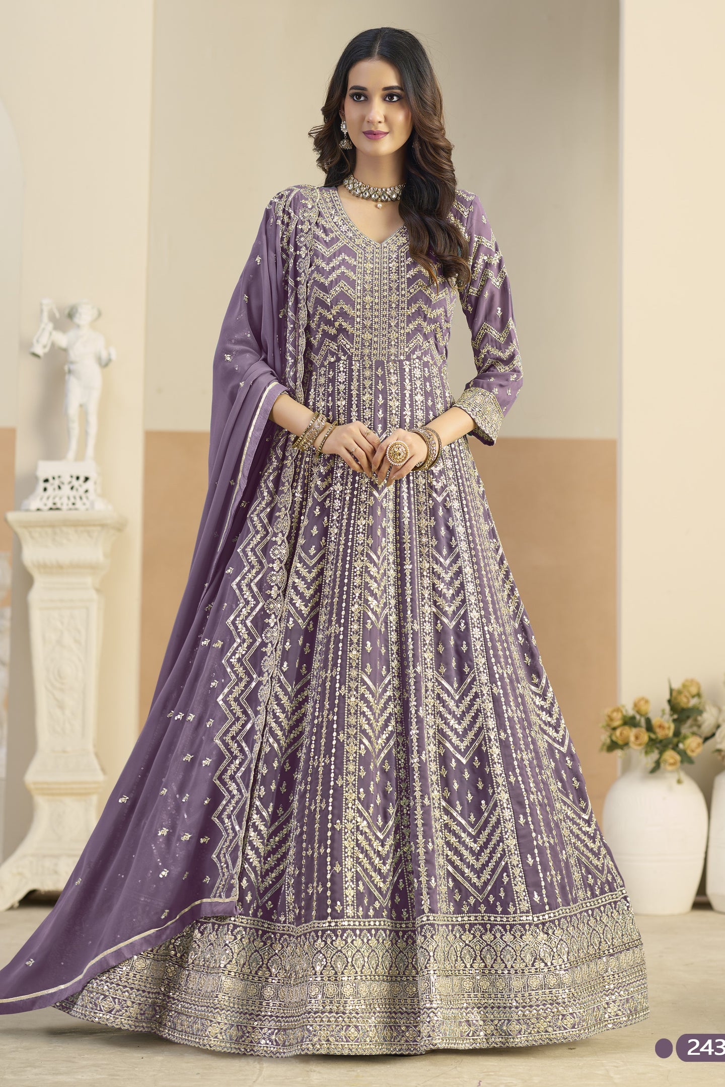 Purple Georgette Anarkali Dress for Wedding with Embroidery Work