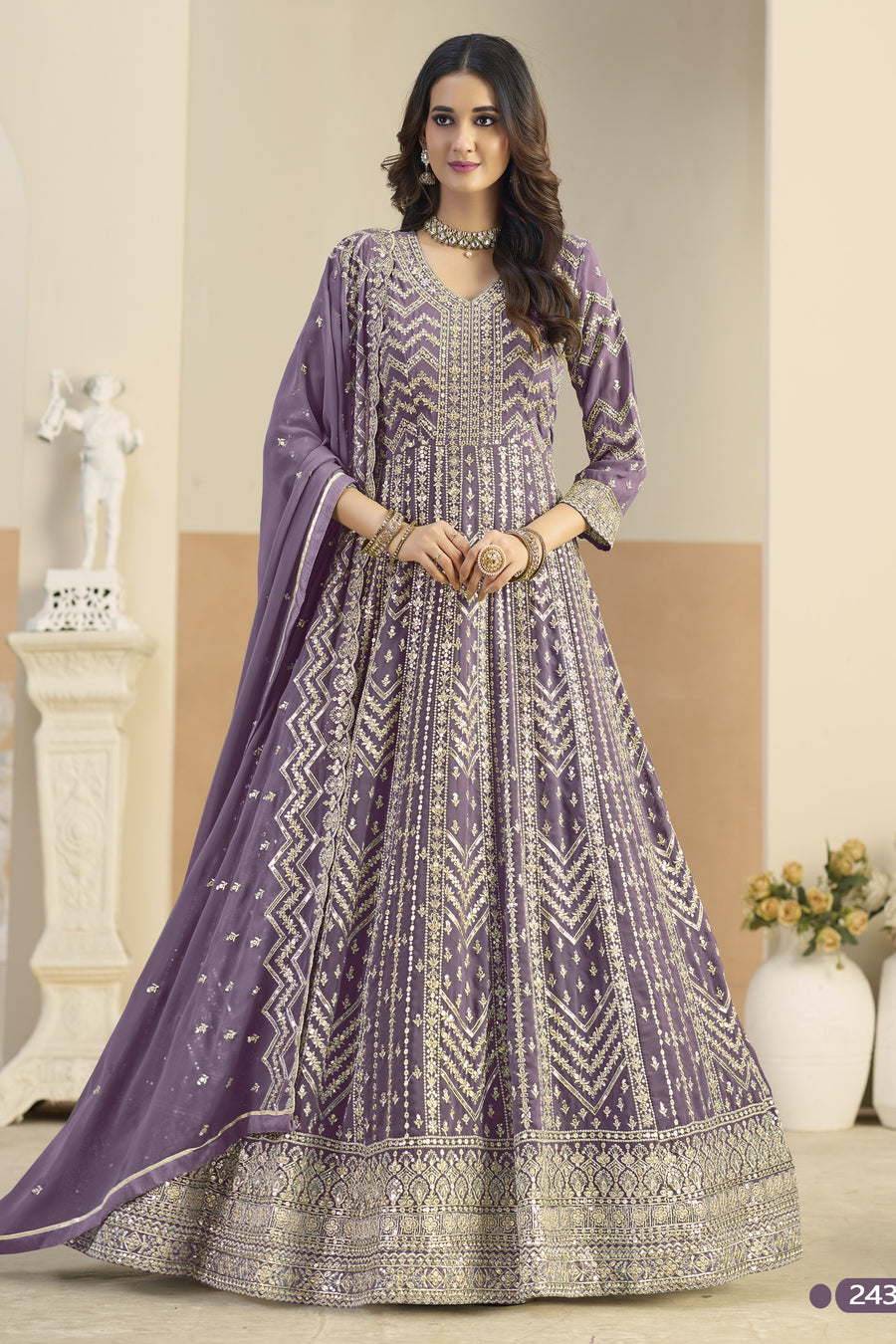 Purple Georgette Anarkali Dress for Wedding with Embroidery Work