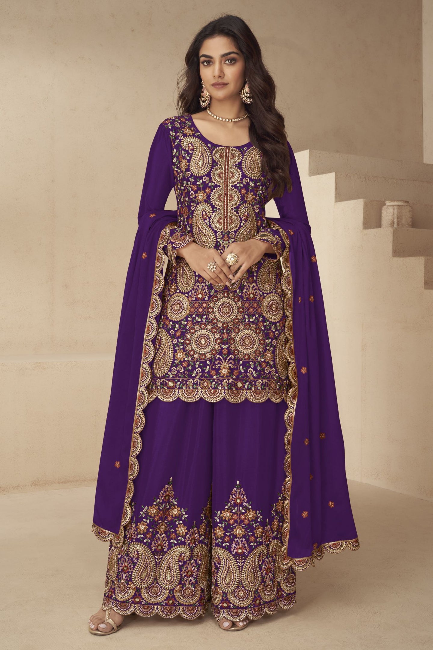 Purple Chinon Silk Plazo Suit for Women with Embroidery