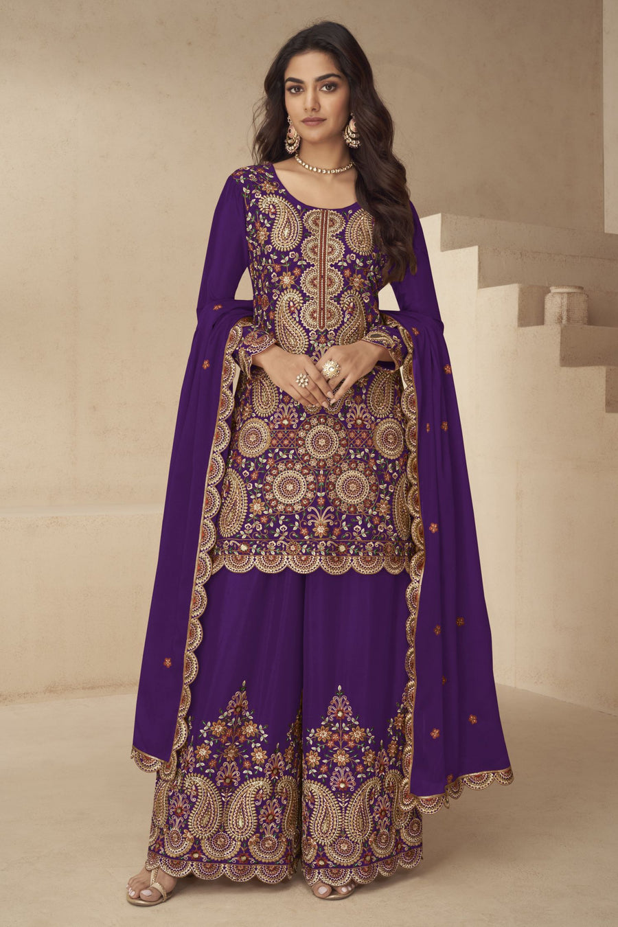Purple Chinon Silk Plazo Suit for Women with Embroidery
