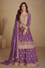 Purple Chinon Silk Thread Work Plazo Dress for Women