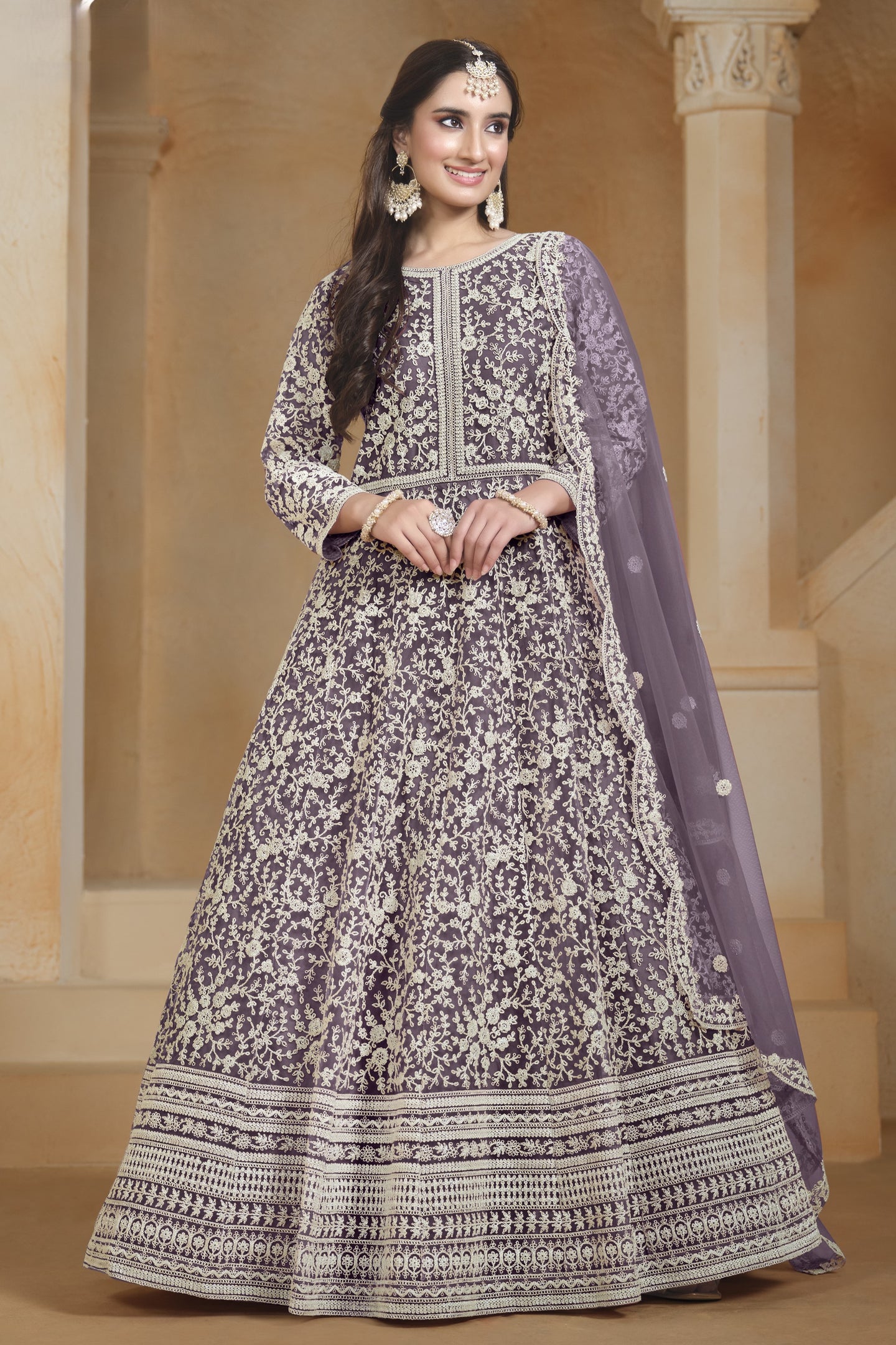 Purple Net Dori Work Anarkali Wedding Guest Suit