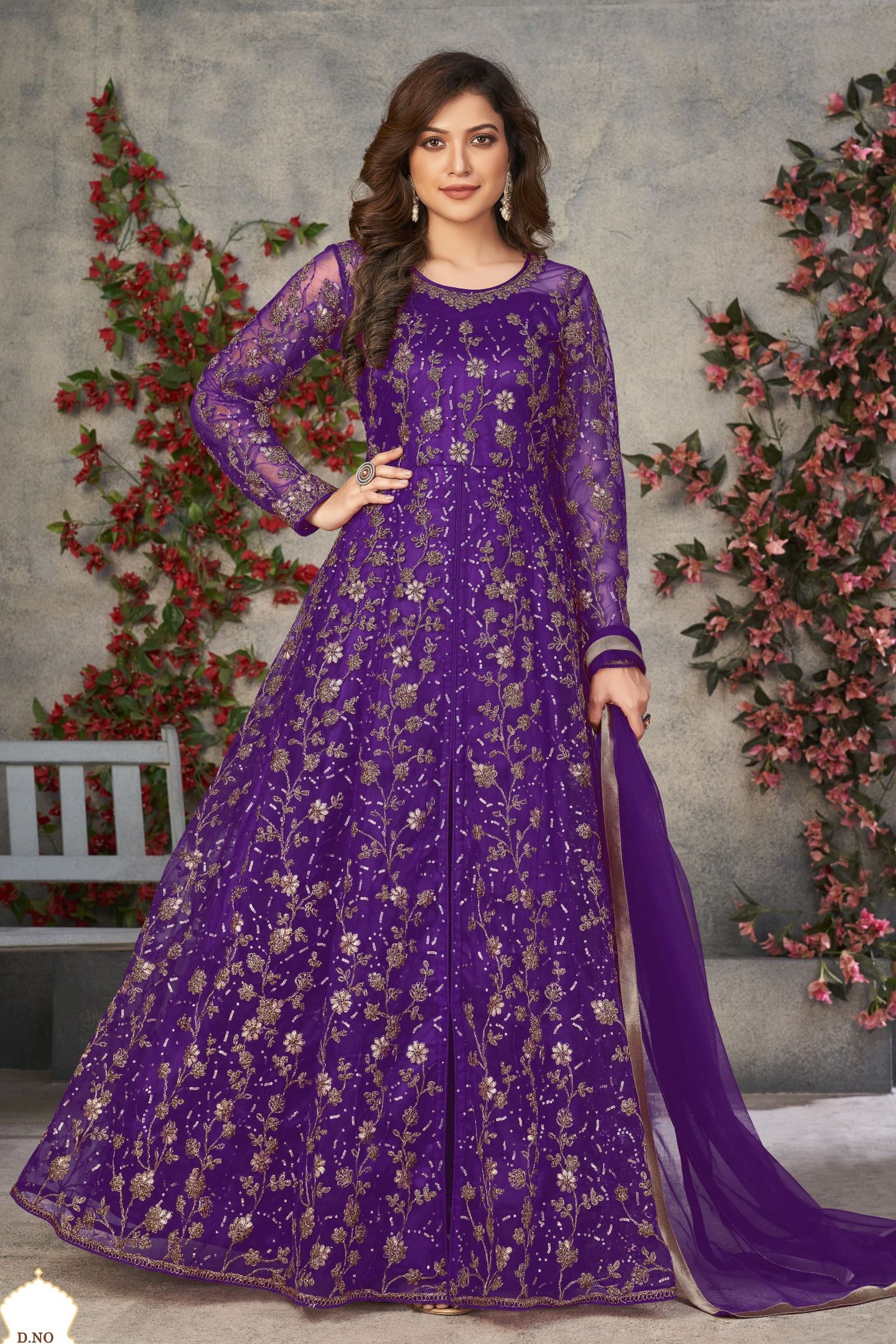 Purple Net Anarkali Dress for Women with Thread and Sequins Embroidery