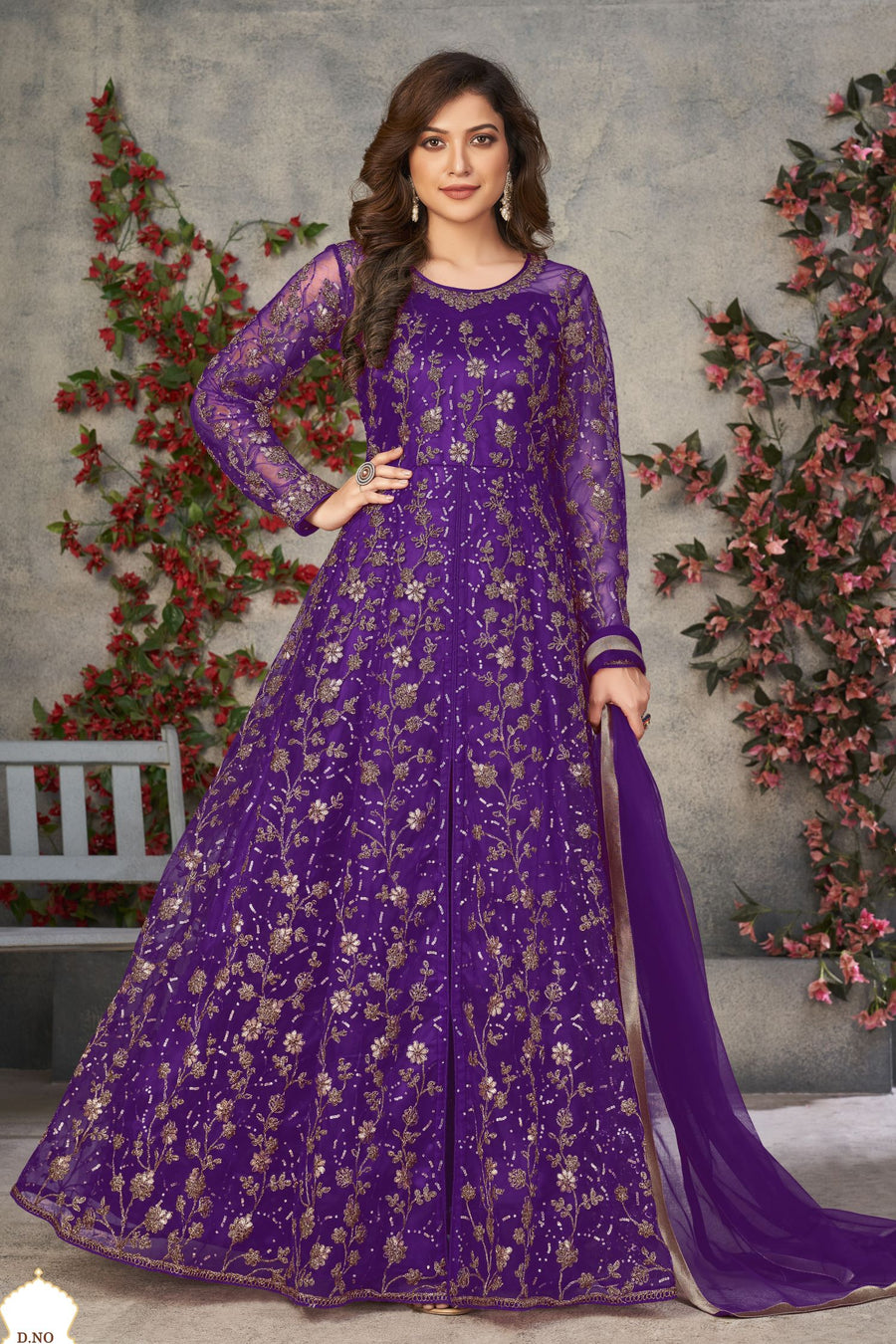 Purple Net Anarkali Dress for Women with Thread and Sequins Embroidery