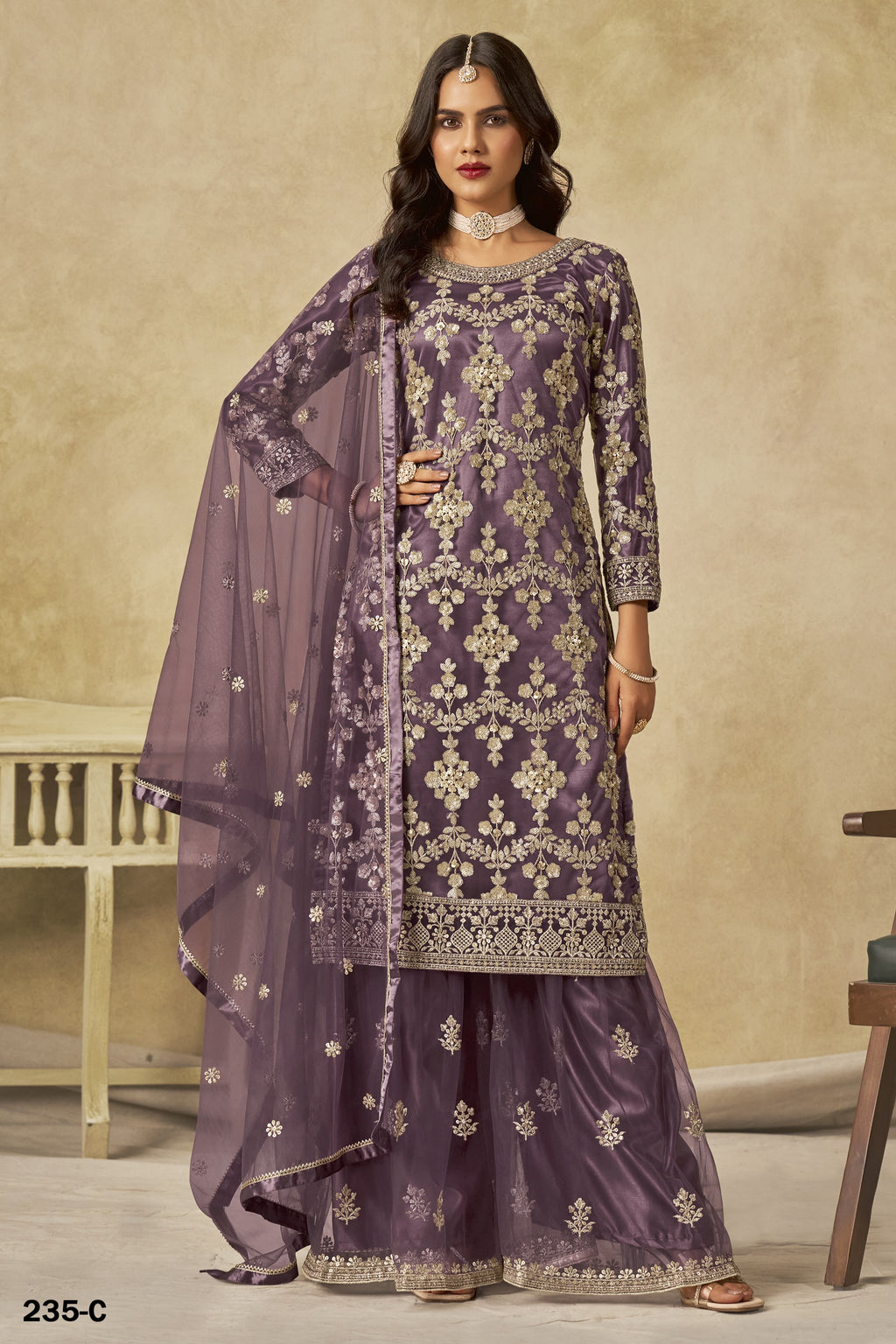 Purple Net Plazo Suit Design for Wedding with Thread and Sequins Embroidery