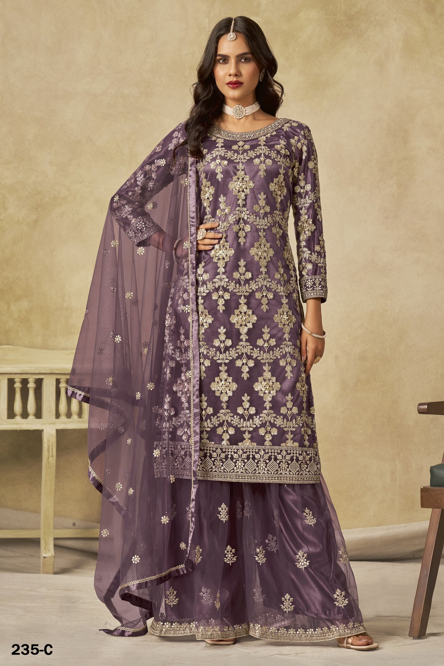 Purple Net Plazo Suit Design for Wedding with Thread and Sequins Embroidery
