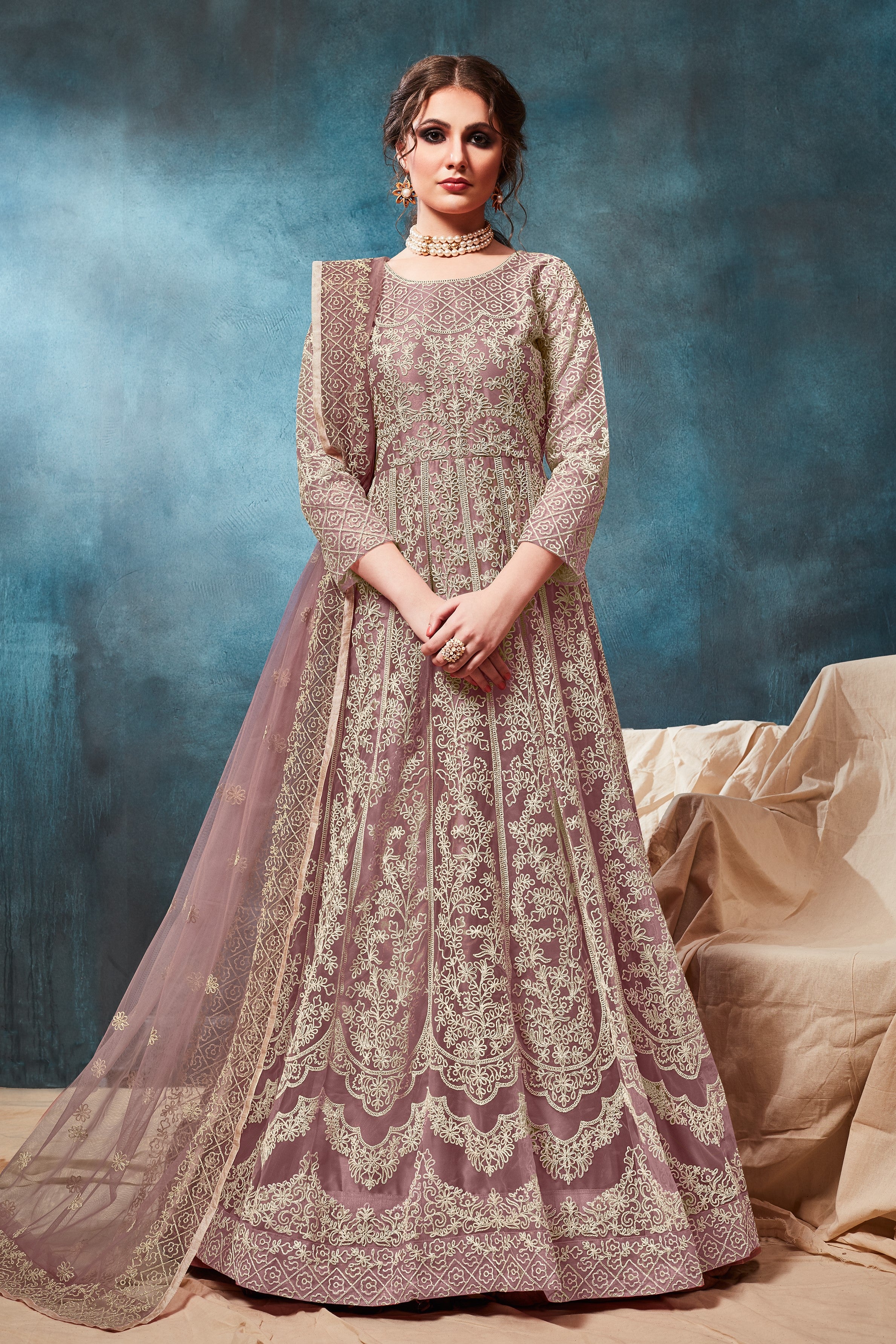 Purple Net Anarkali with Dori Embroidery Work for Indian Dresses for Women