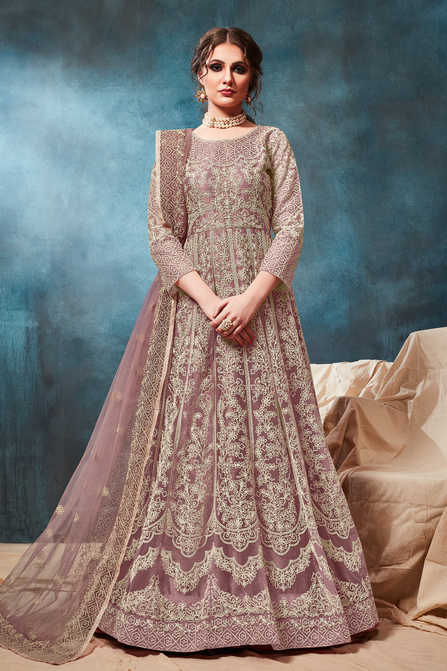 Purple Net Anarkali with Dori Embroidery Work for Indian Dresses for Women