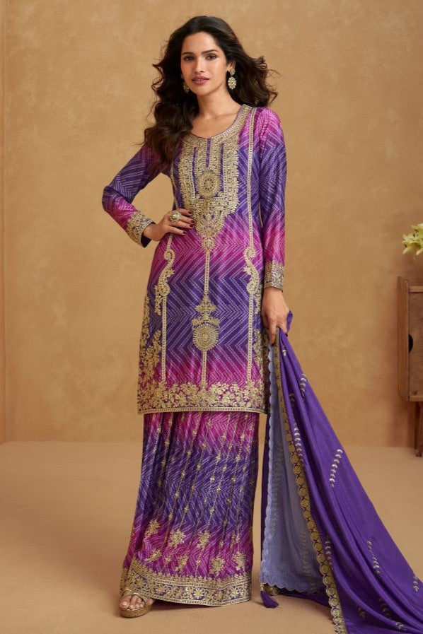 Purple Chinon Silk Bandhani Palazzo Suits with Bandhni Print & Embroidery Work