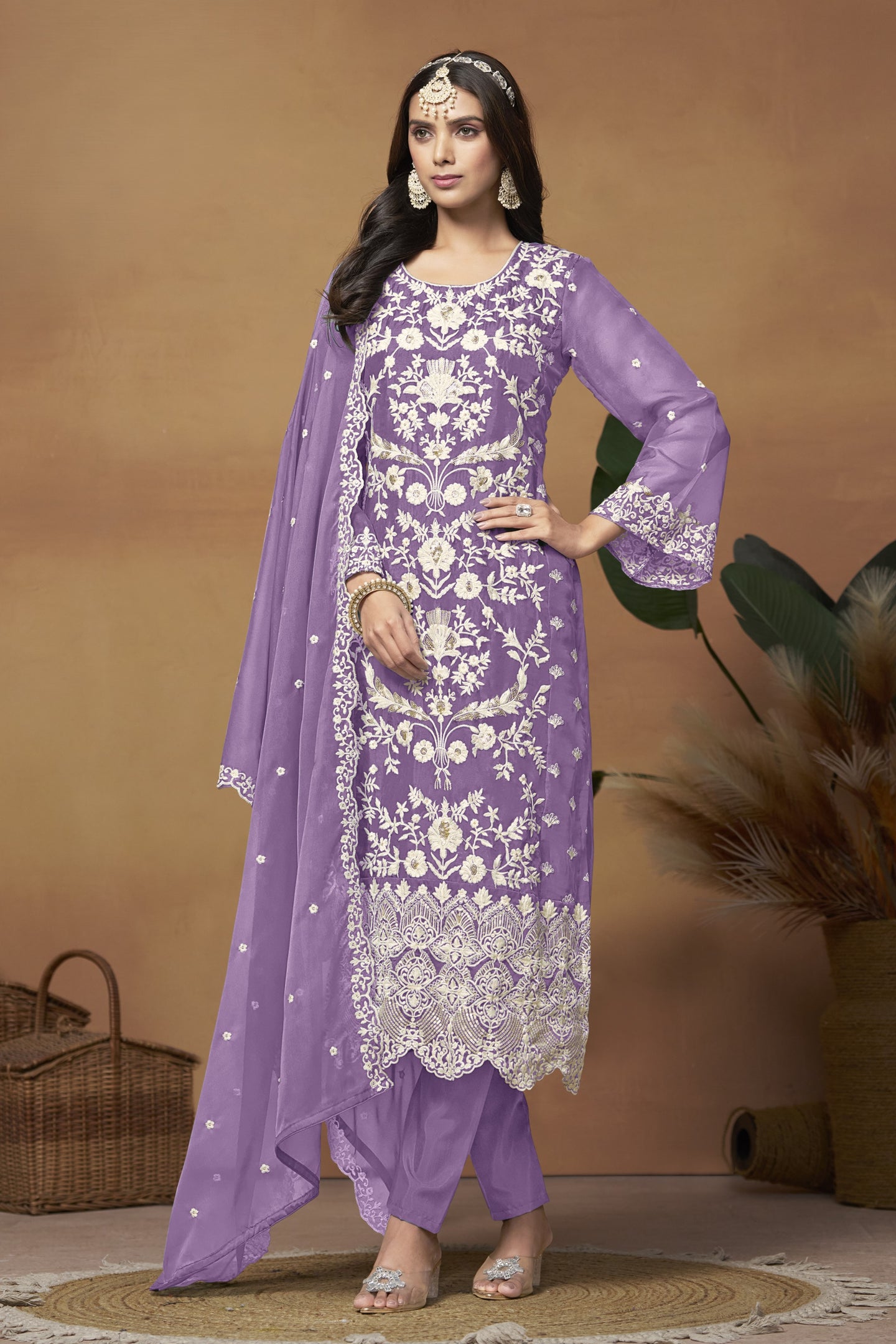 Purple Organza Embroidered Pant Style Suit with Sequins