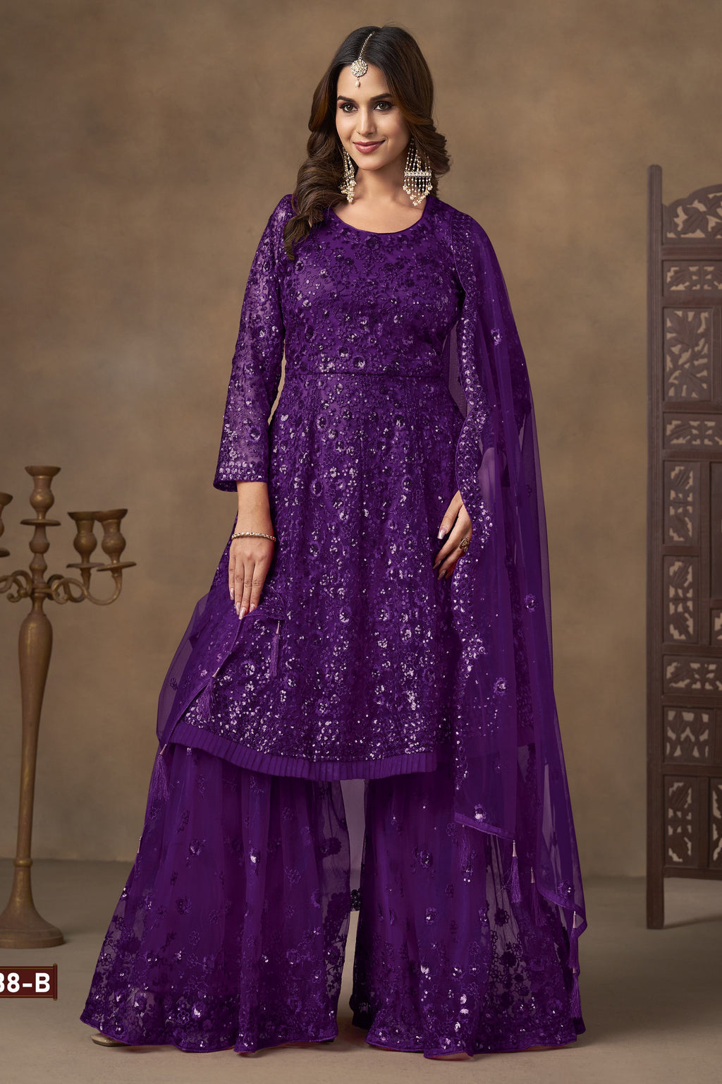 Purple Net Palazzo Sangeet Outfits for Women with Thread and Sequins Embroidery Work