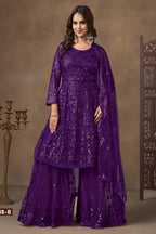 Purple Net Palazzo Sangeet Outfits for Women with Thread and Sequins Embroidery Work