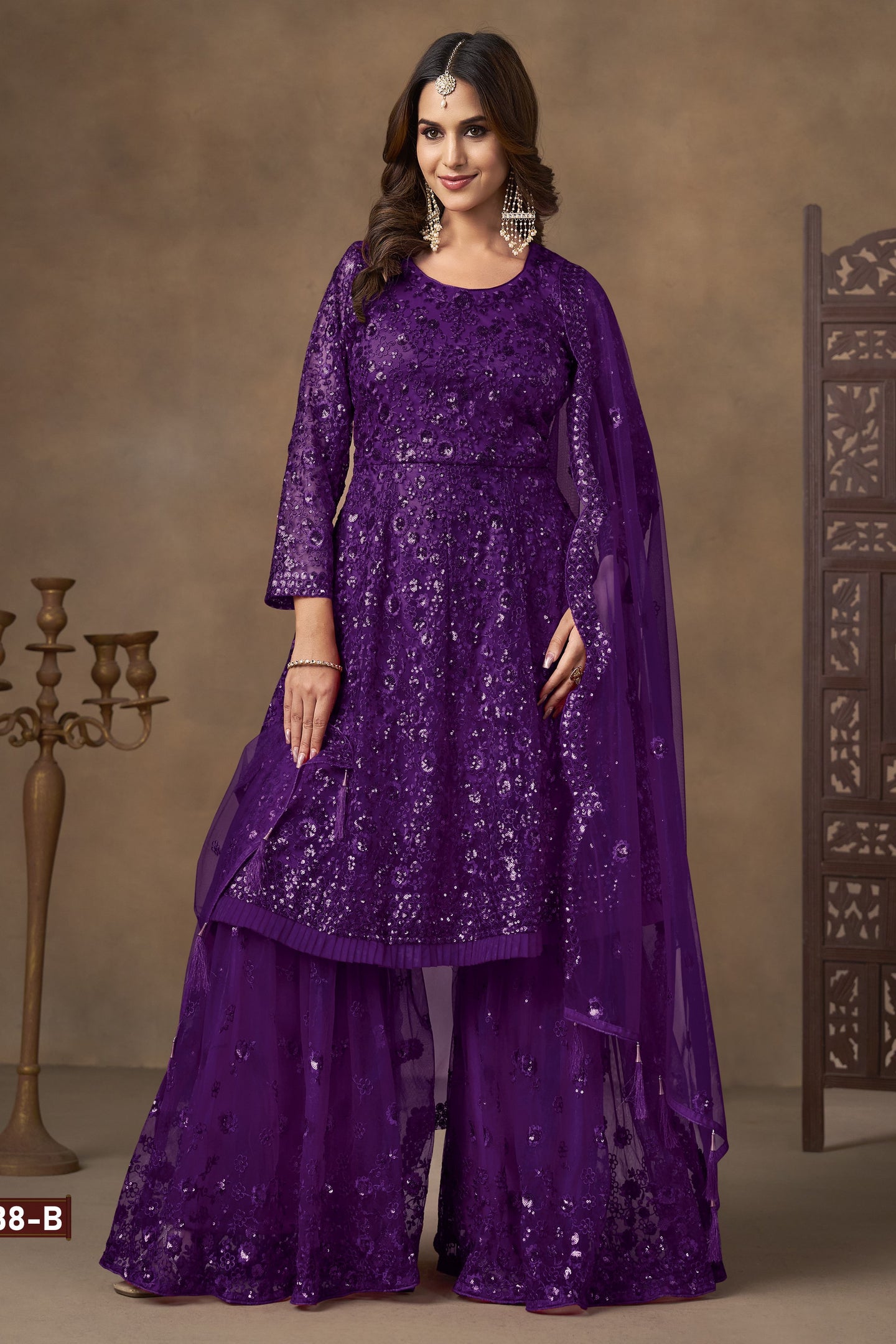 Purple Net Palazzo Sangeet Outfits for Women with Thread and Sequins Embroidery Work