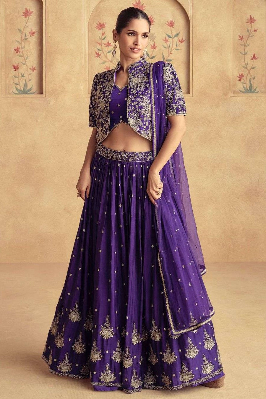 Purple Chinon Silk Wedding Guest Lehenga for Women with Embroidery Work