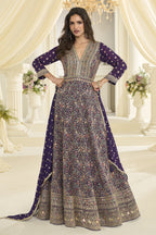 Purple Georgette Anarkali Dress for Sangeet with Zari and Resham Work