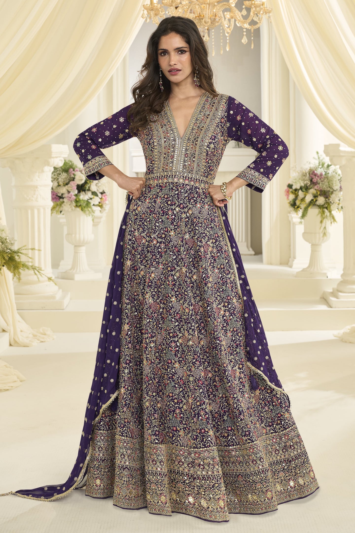 Purple Georgette Anarkali Dress for Sangeet with Zari and Resham Work
