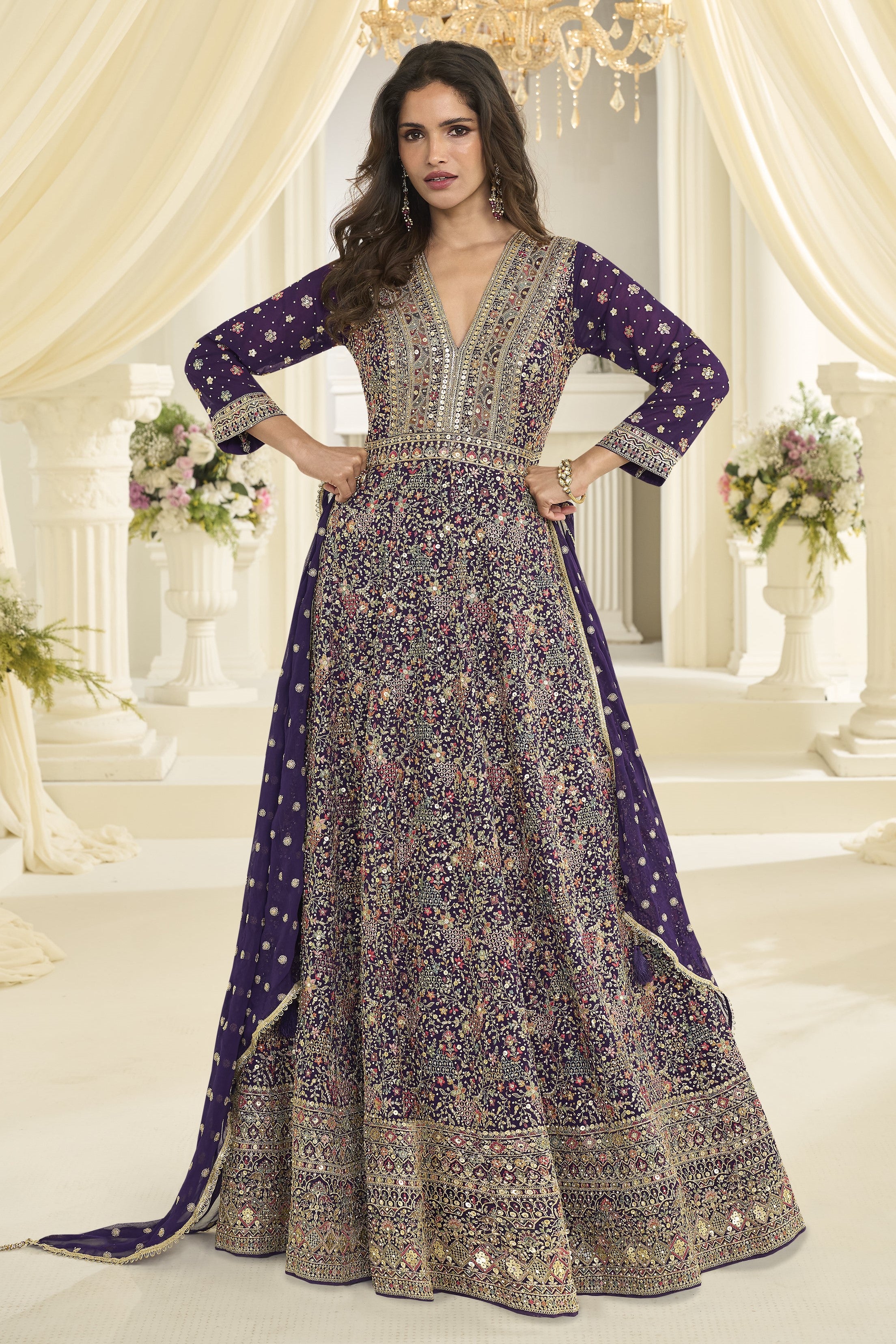 Purple Georgette Anarkali Dress for Sangeet with Zari and Resham Work