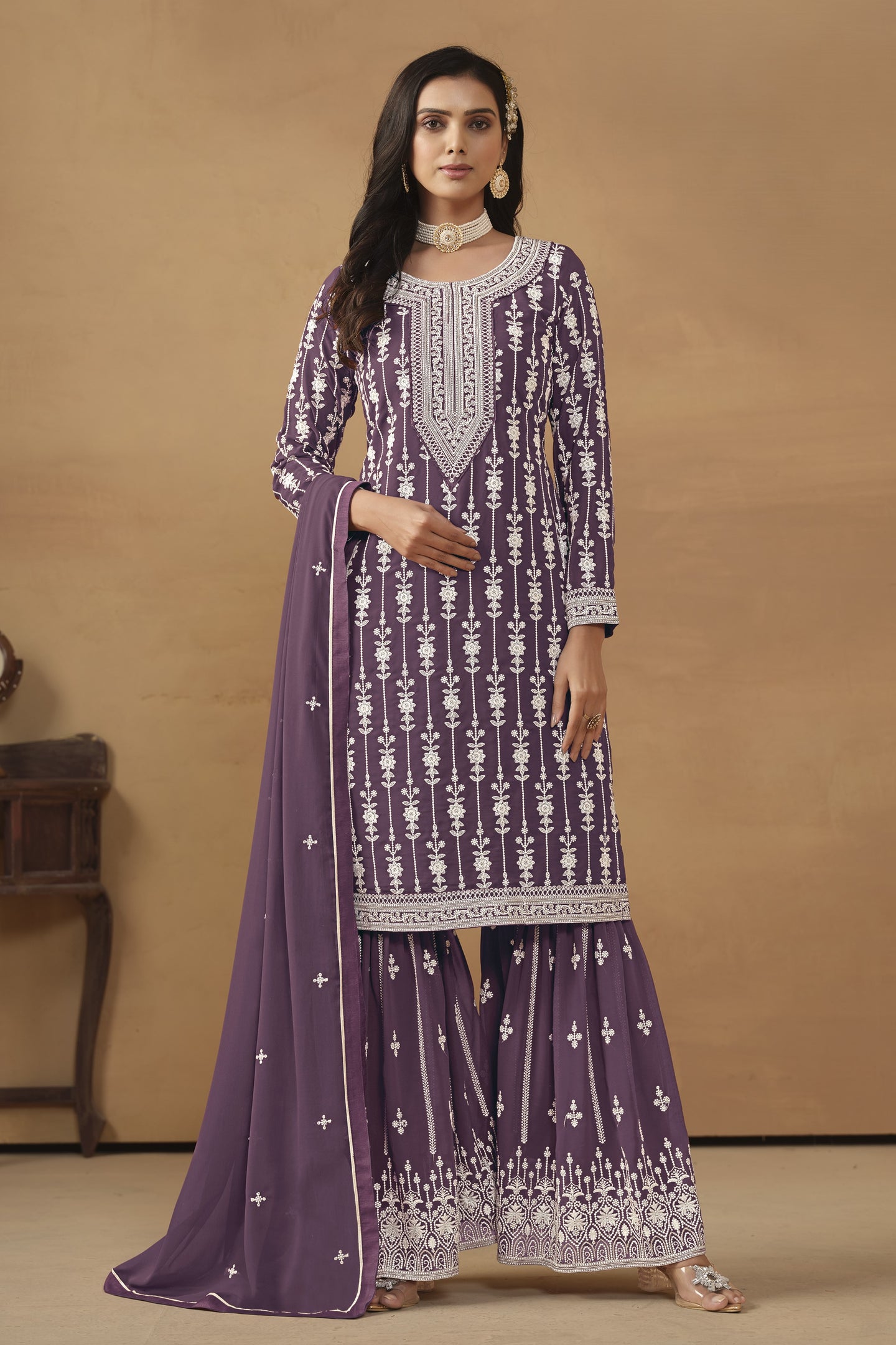 Purple Georgette Thread Embroidery Pakistani Sharara Suits for Wedding