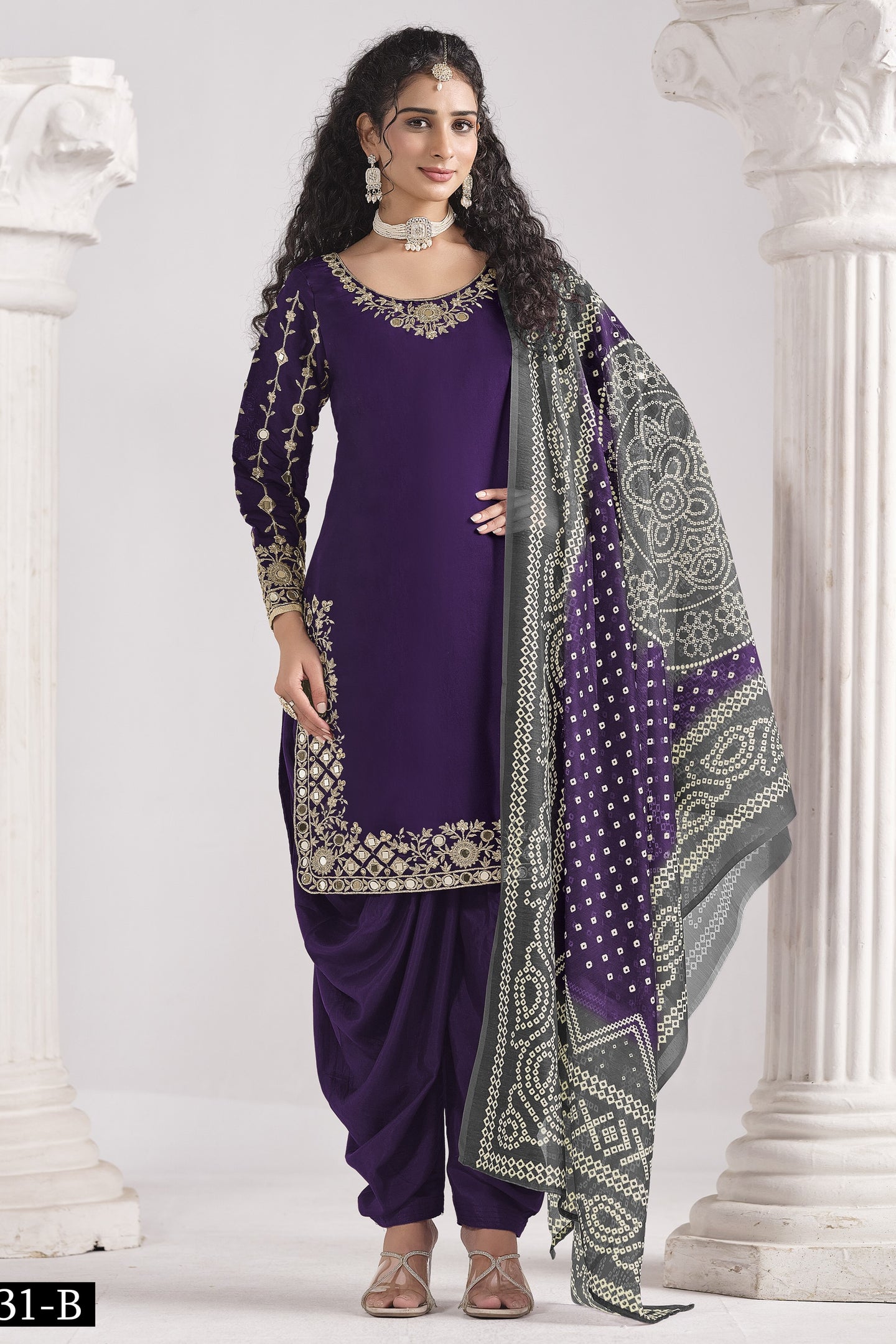 Purple Chinon Silk Wedding Salwar Kameez with Zari and Mirror Work