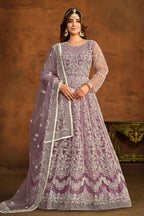 Purple Net Thread Work Anarkali Dress for Reception
