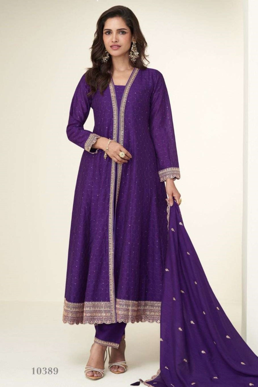 Purple Chinon Silk Thread and Sequins Designer Anarkali Suits USA