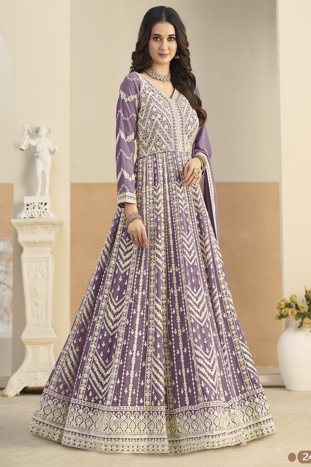 Purple Georgette Anarkali Dress for Sangeet with Sequins & Thread Work