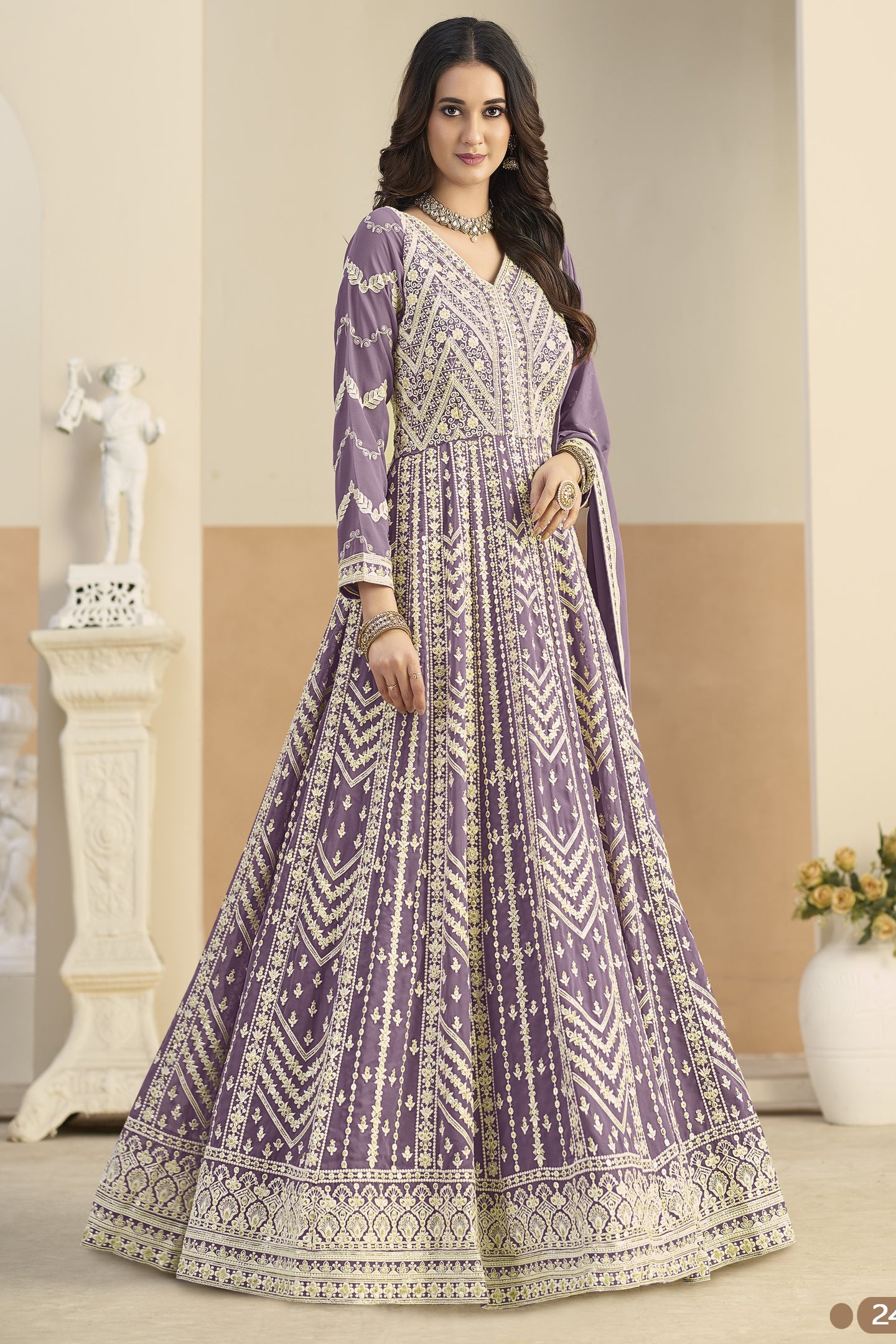 Purple Georgette Anarkali Dress for Sangeet with Sequins & Thread Work