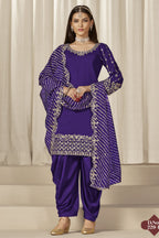 Purple Chinon Silk Salwar Kameez Wedding Guest Suit with Zari and Mirror Work