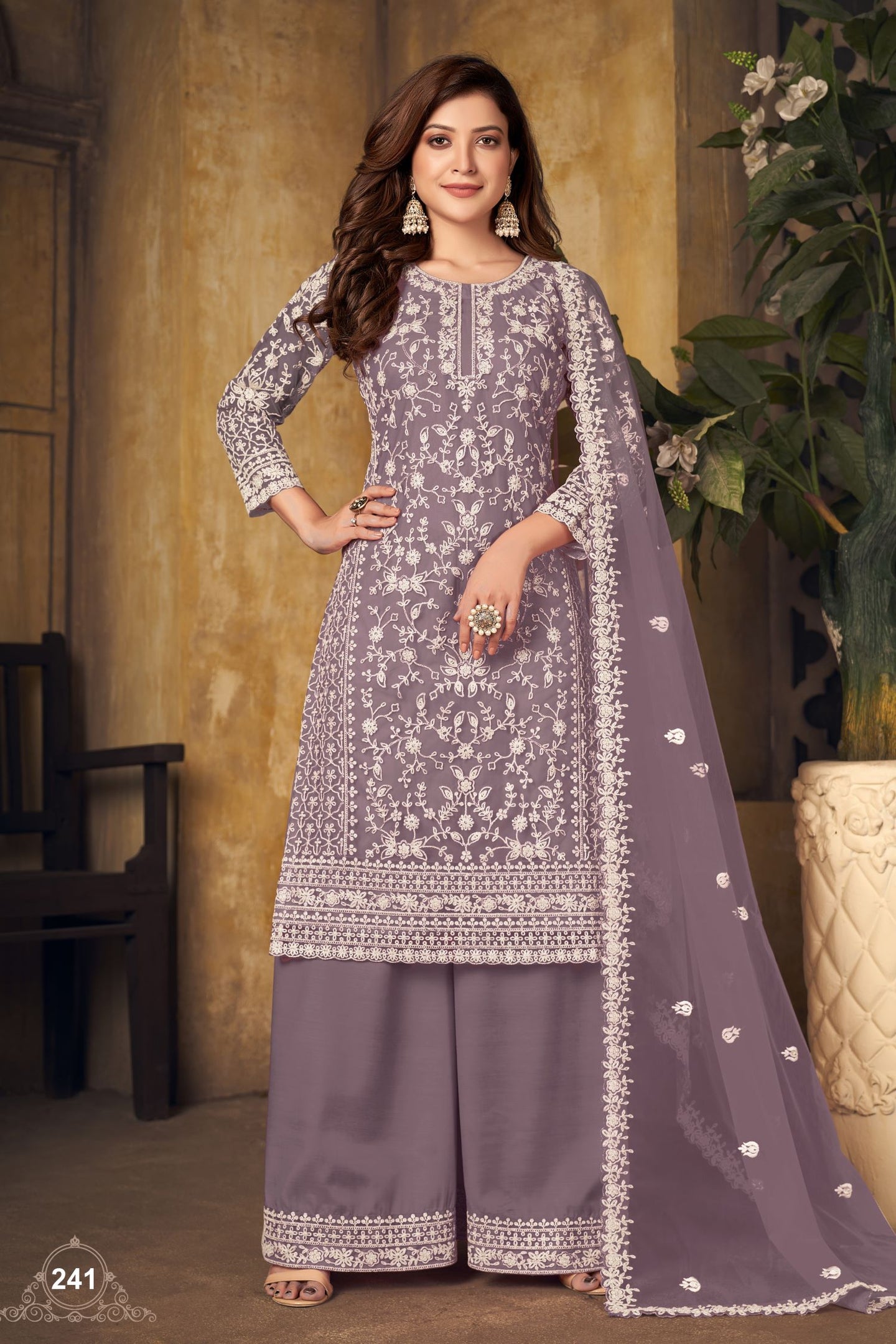 Purple Net Plazo Sangeet Outfits for Women with Thread Work