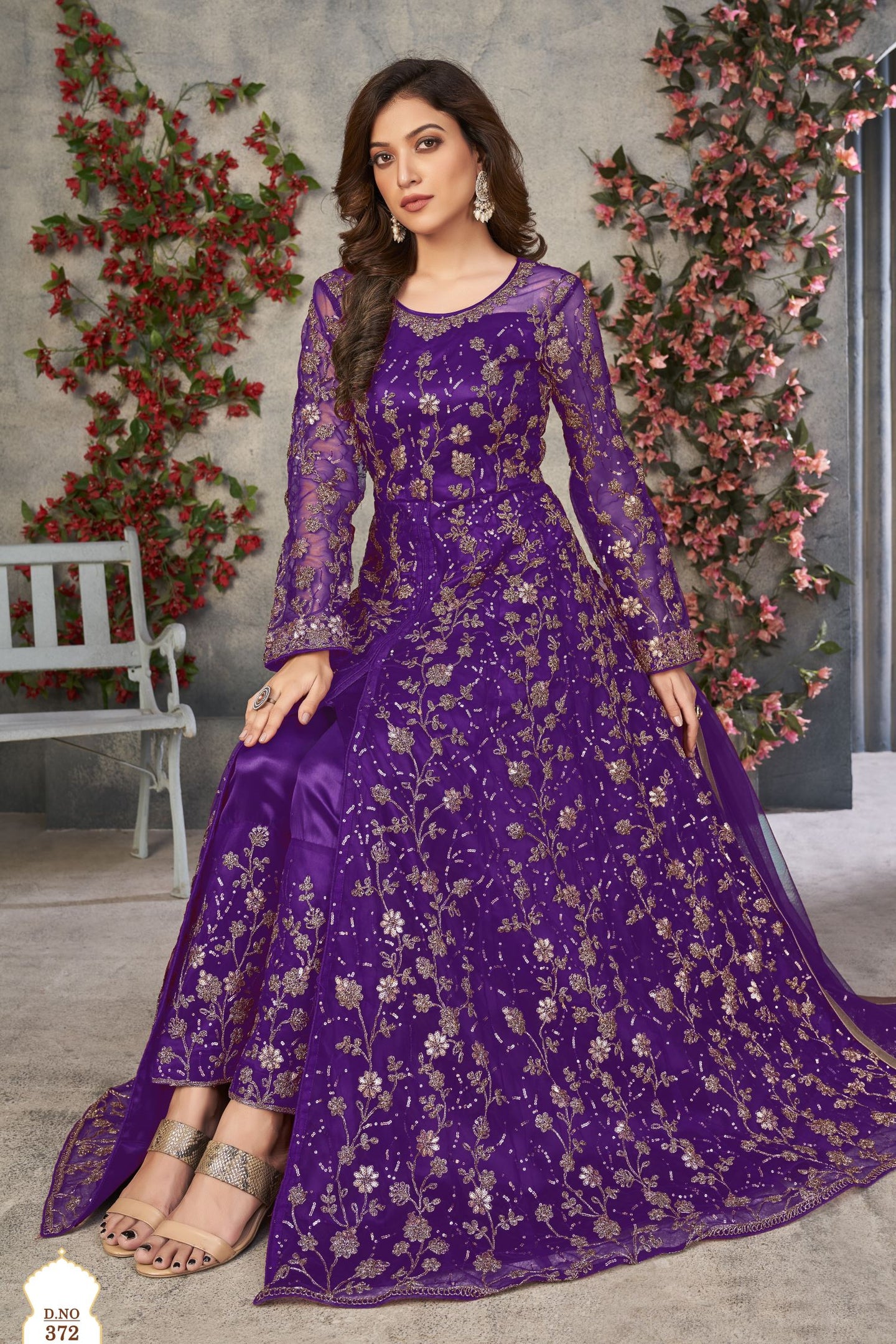 Purple Net Anarkali Dress for Women with Thread and Sequins Embroidery
