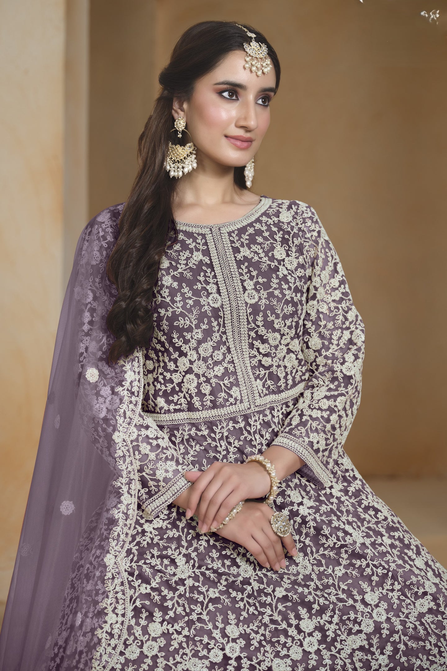 Purple Net Dori Work Anarkali Wedding Guest Suit
