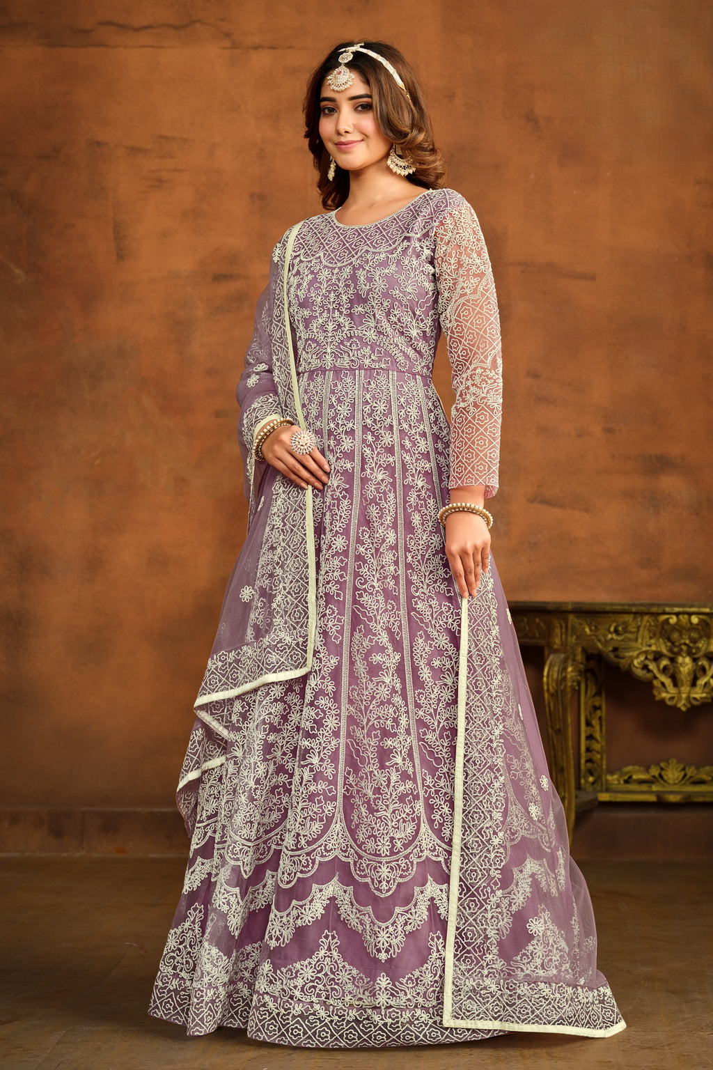 Purple Net Thread Work Anarkali Dress for Reception