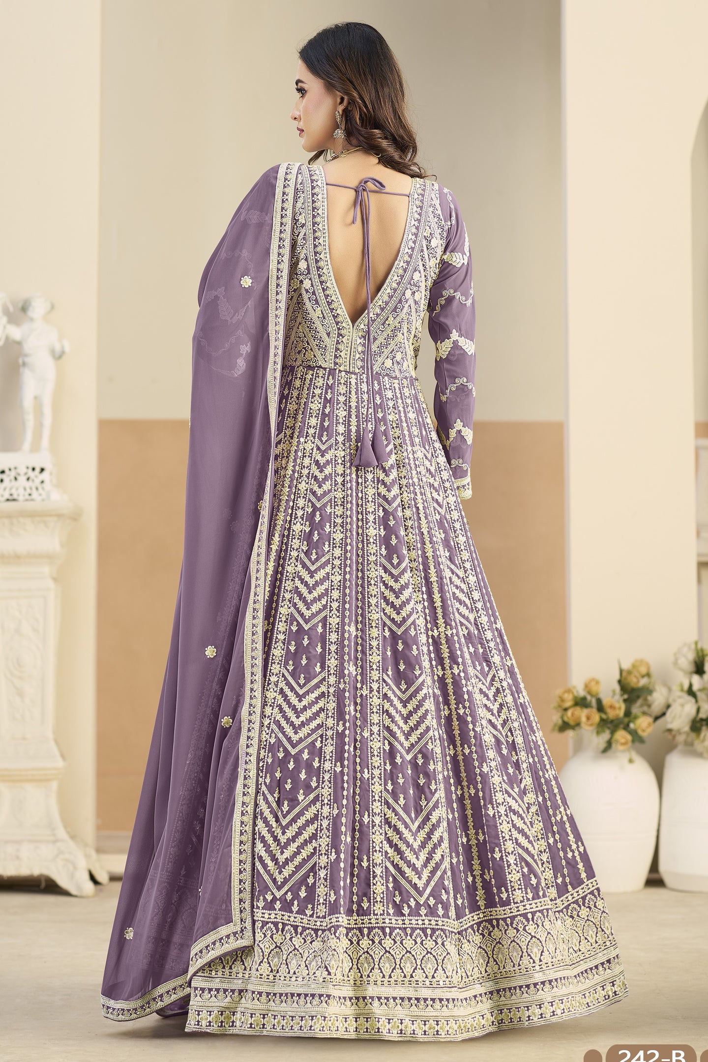 Purple Georgette Anarkali Dress for Sangeet with Sequins & Thread Work