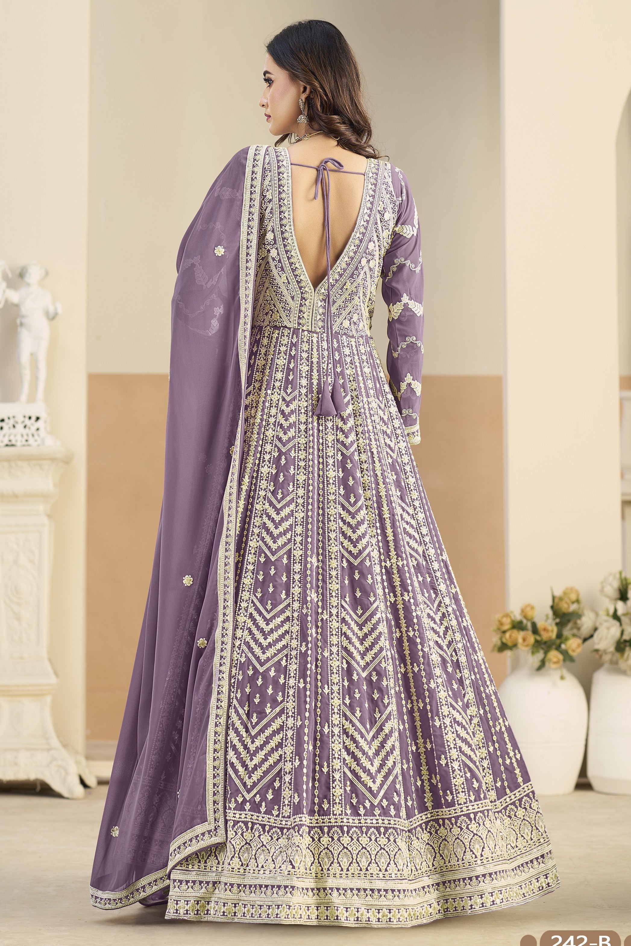 Purple Georgette Anarkali Dress for Sangeet with Sequins & Thread Work