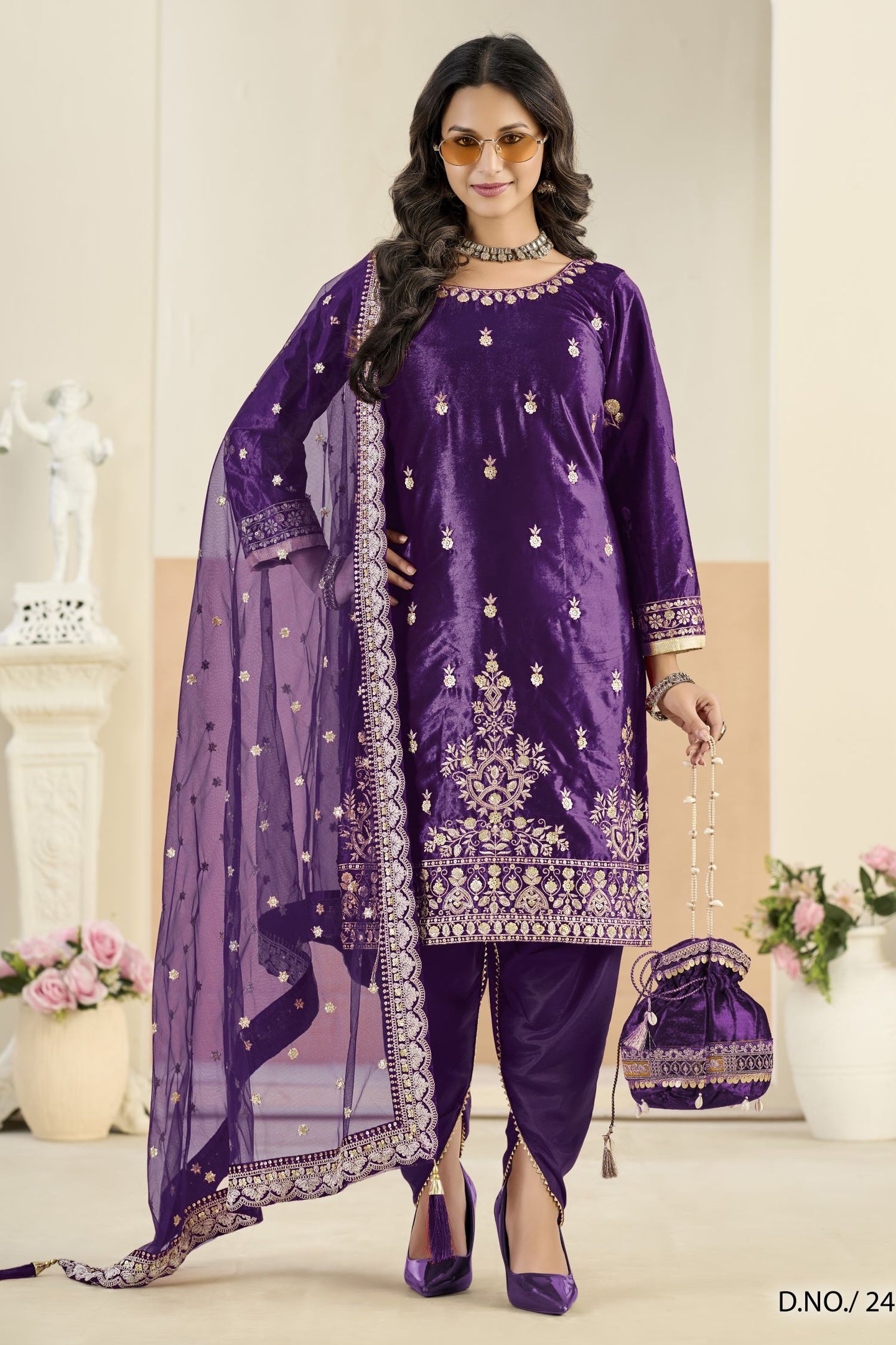Purple Velvet Suit Women with Zari Work & Sequins Embroidery