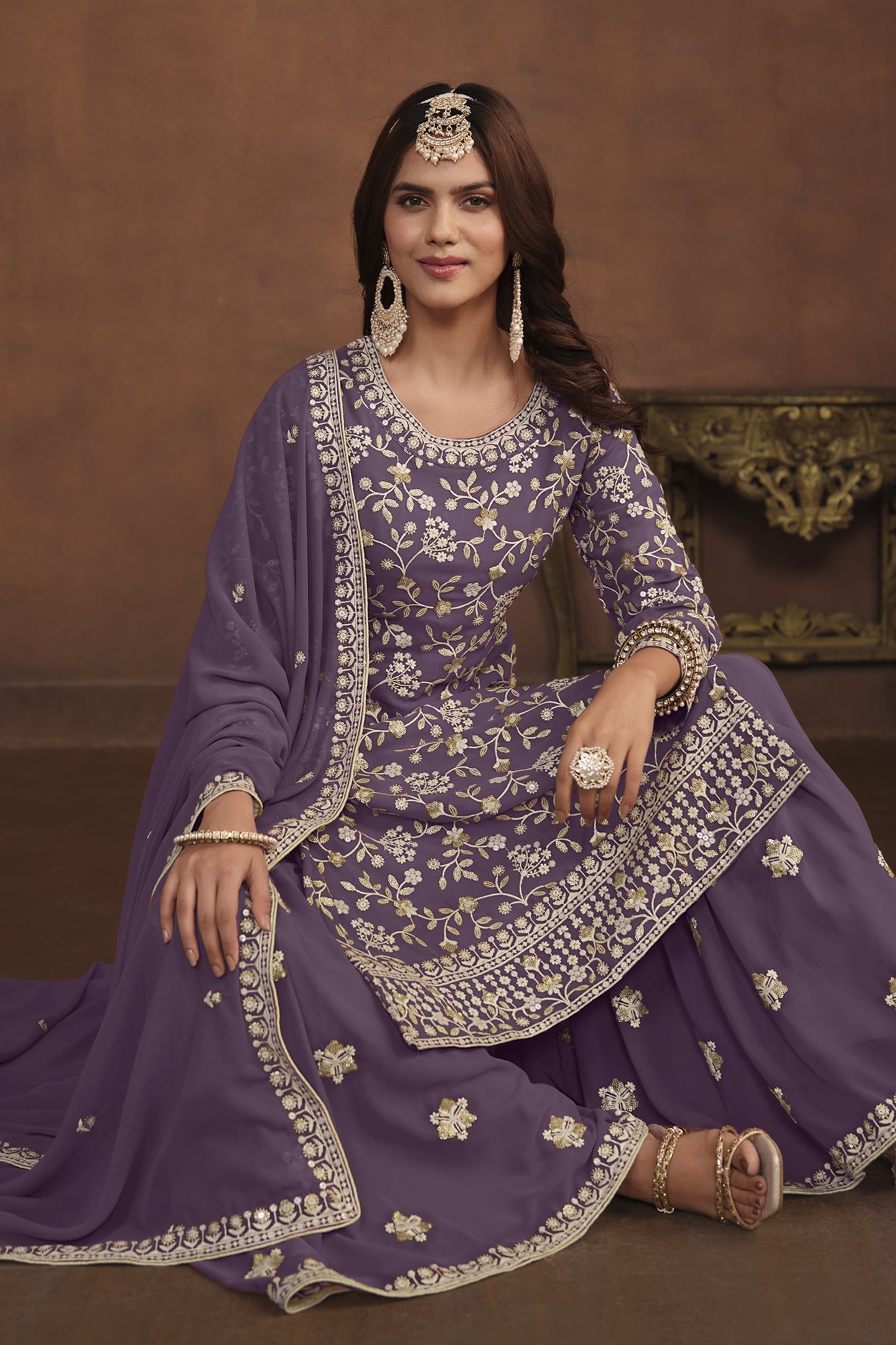 Purple Georgette Sharara Suit for Women with Thread and Sequins Embroidery