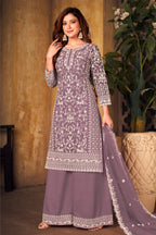 Purple Net Plazo Sangeet Outfits for Women with Thread Work