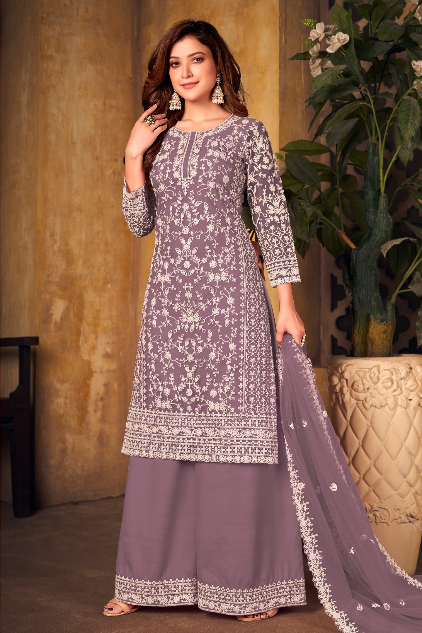 Purple Net Plazo Sangeet Outfits for Women with Thread Work